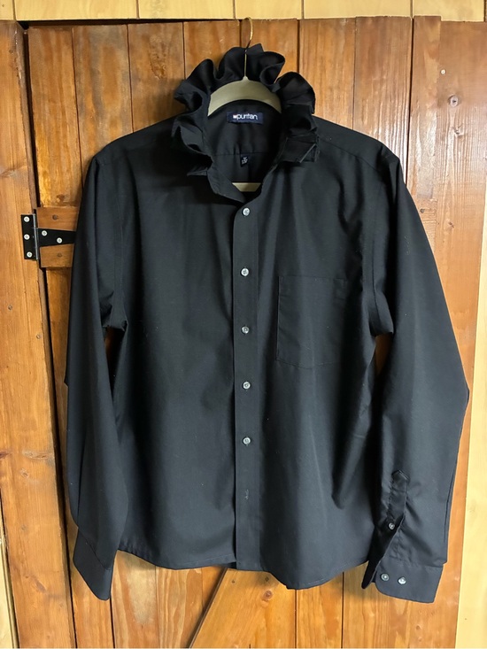 Puritan Tops - Puritan Black Long-Sleeve Button-Down Shirt with Ruffled Collar